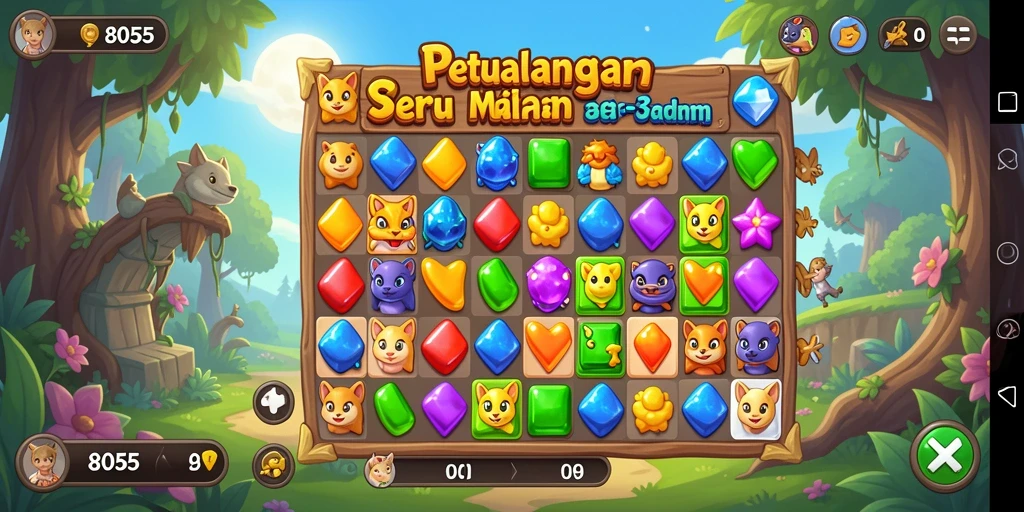 Screenshot gameplay 8055 menampilkan aksi mencocokkan permata yang seru.