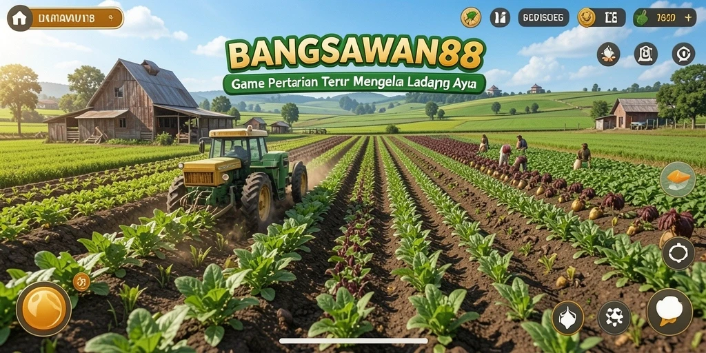 Tampilan gameplay BANGSAWAN88 dengan ladang yang indah dan tanaman subur.