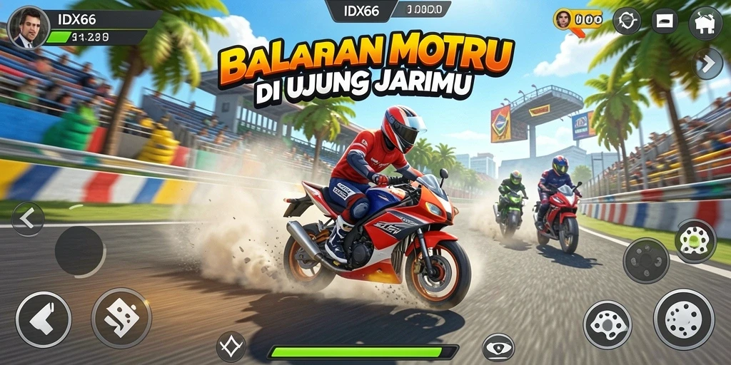 Screenshot gameplay motor racing IDX66 yang penuh aksi.