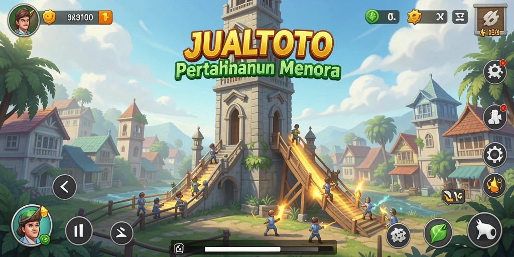 Screenshot gameplay JUALTOTO menampilkan strategi menara pertahanan yang mendebarkan.