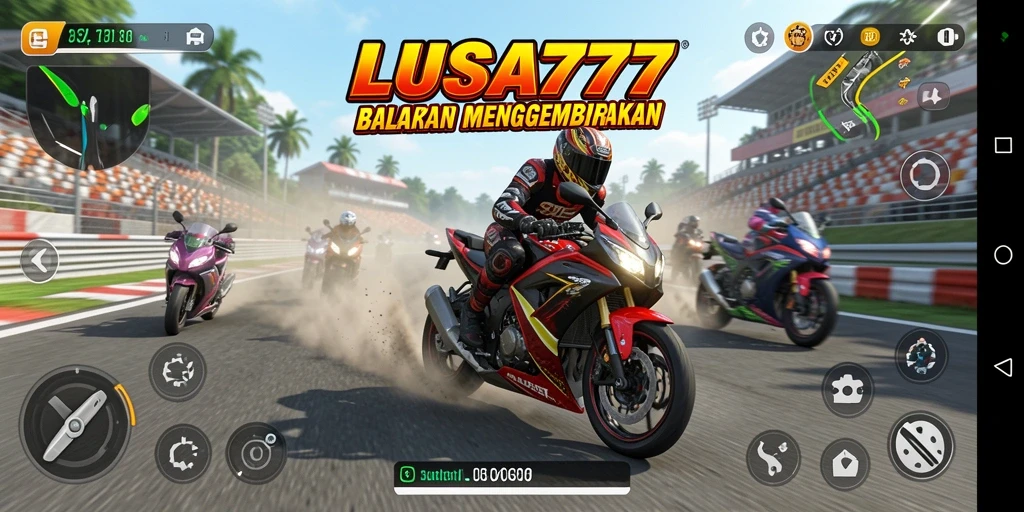 Screenshot utama LUSA777 menunjukkan aksi balapan motor yang seru dan dinamis.