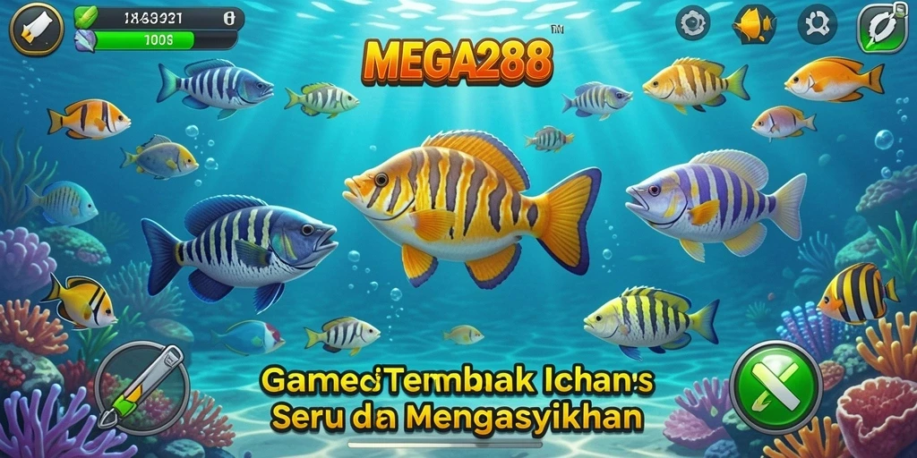 Tampilan utama gameplay MEGA288 dengan aksi tembak ikan yang seru.