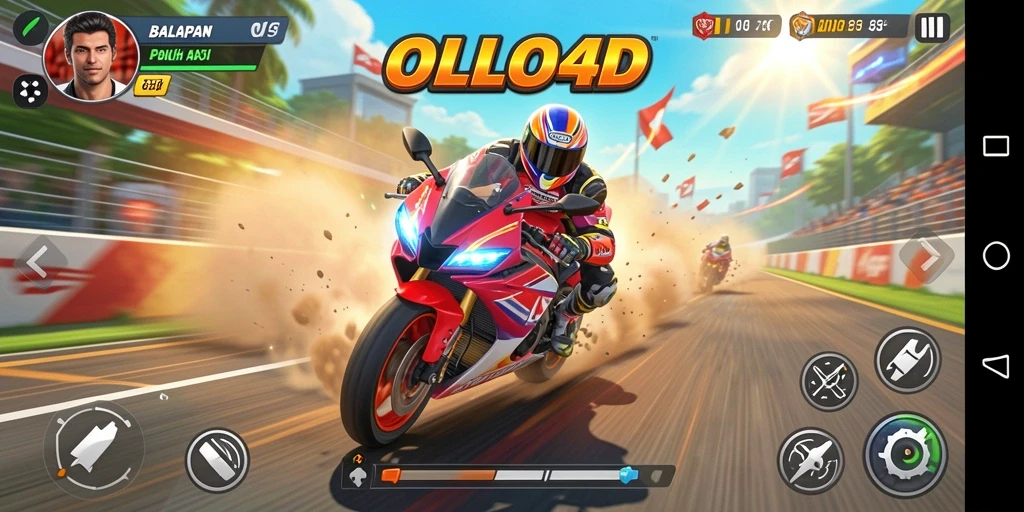 Screenshot menunjukkan aksi balap motor yang mendebarkan dalam OLLO4D.