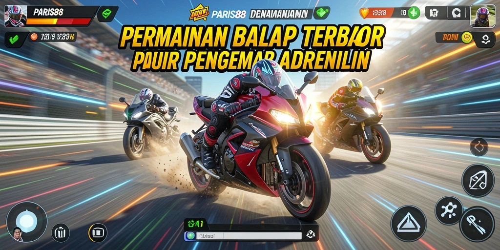 Tampilan gameplay seru dalam balapan motor yang mendebarkan.