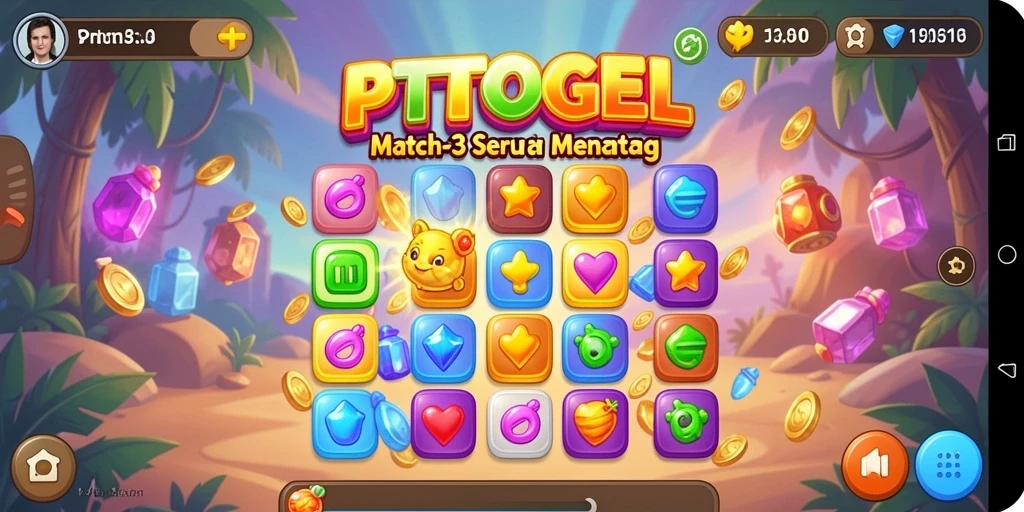 Screenshot gameplay PTTOGEL menunjukkan aksi mencocokkan 3 elemen warna-warni.