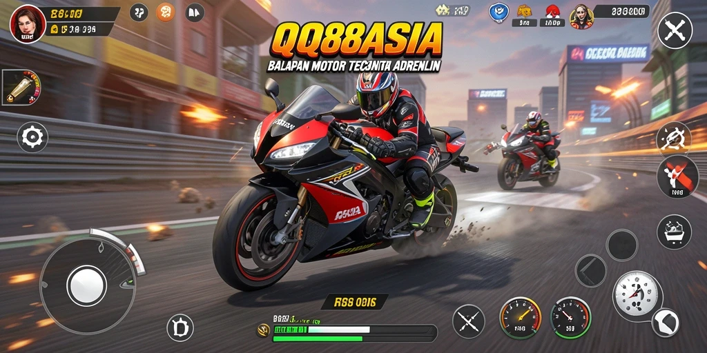 Screenshot QQ88ASIA menampilkan balapan motor yang mendebarkan.
