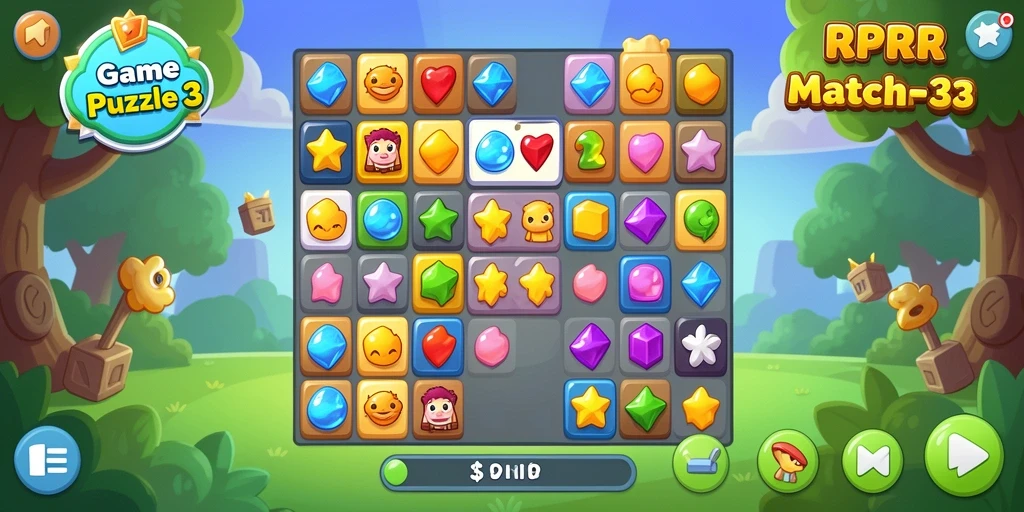Tangkapan layar RPRR menunjukkan gameplay Match-3 yang penuh warna.