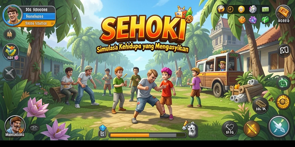 Tangkapan layar SEHOKI menampilkan karakter yang berinteraksi di lingkungan yang menakjubkan.