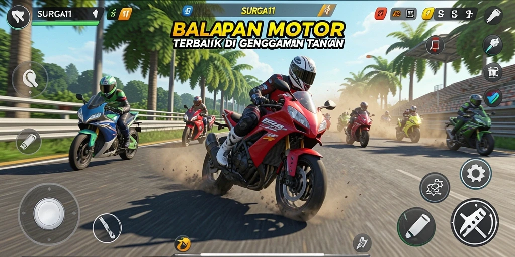 Tampilan gameplay SURGA11 yang mendebarkan dan penuh aksi balapan motor.